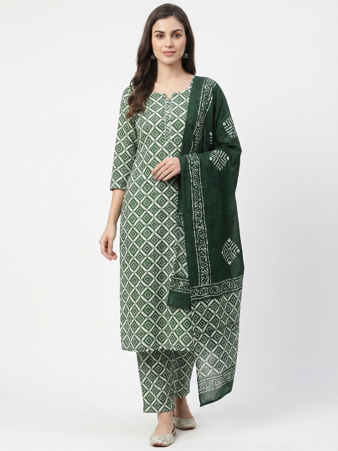 Green Geometric Printed Pure Cotton Dress Material - Image 1