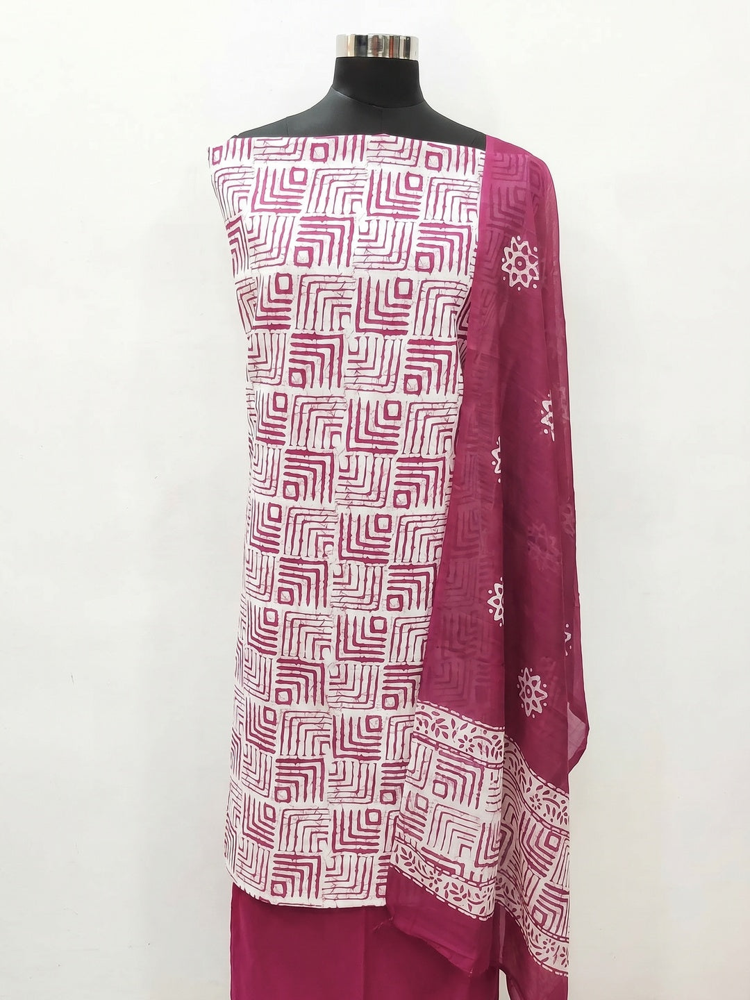 Pink Geometric Printed Pure Cotton Dress Material - Image 1