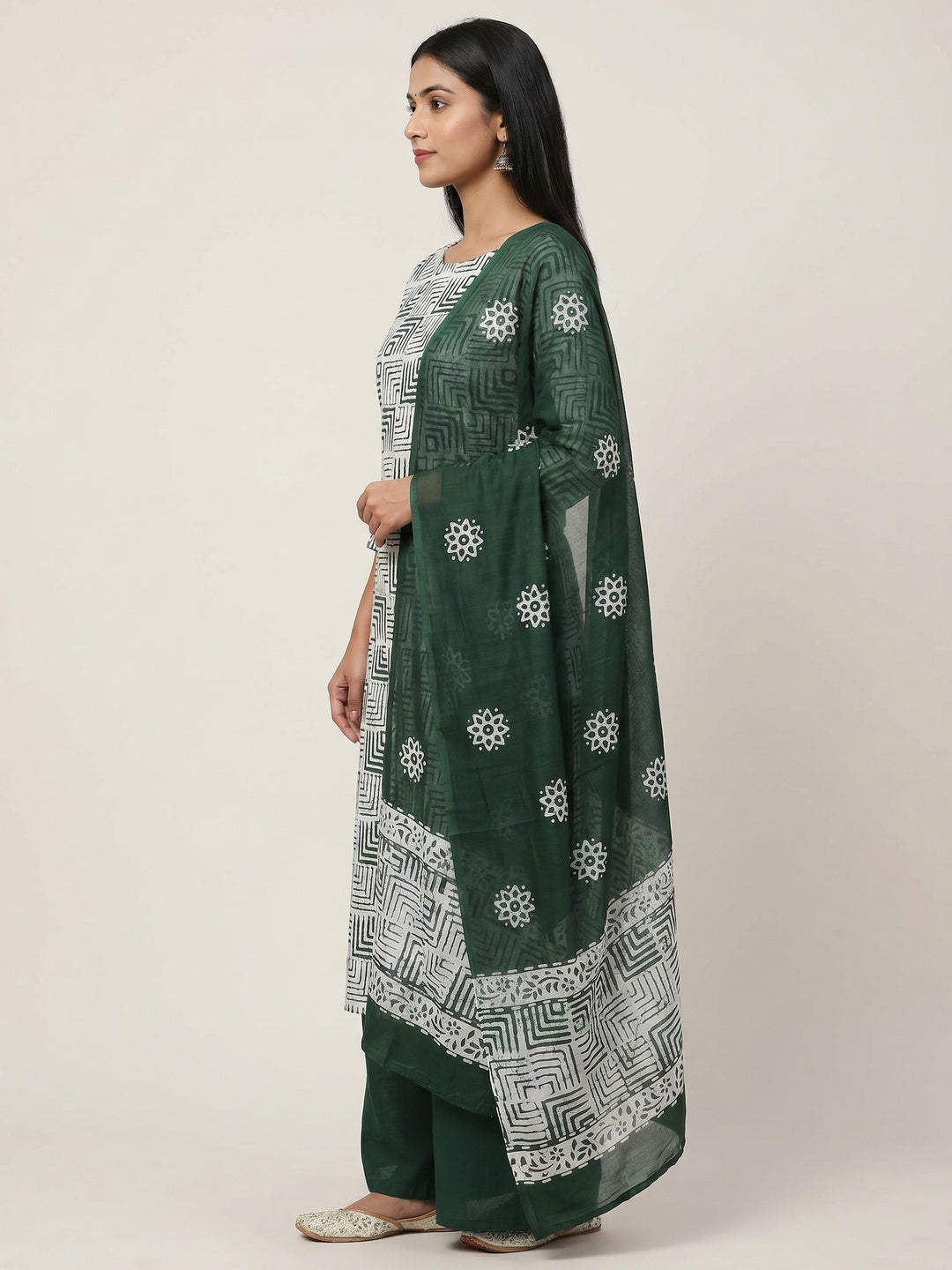 Green Geometric Printed Pure Cotton Dress Material - Image 3