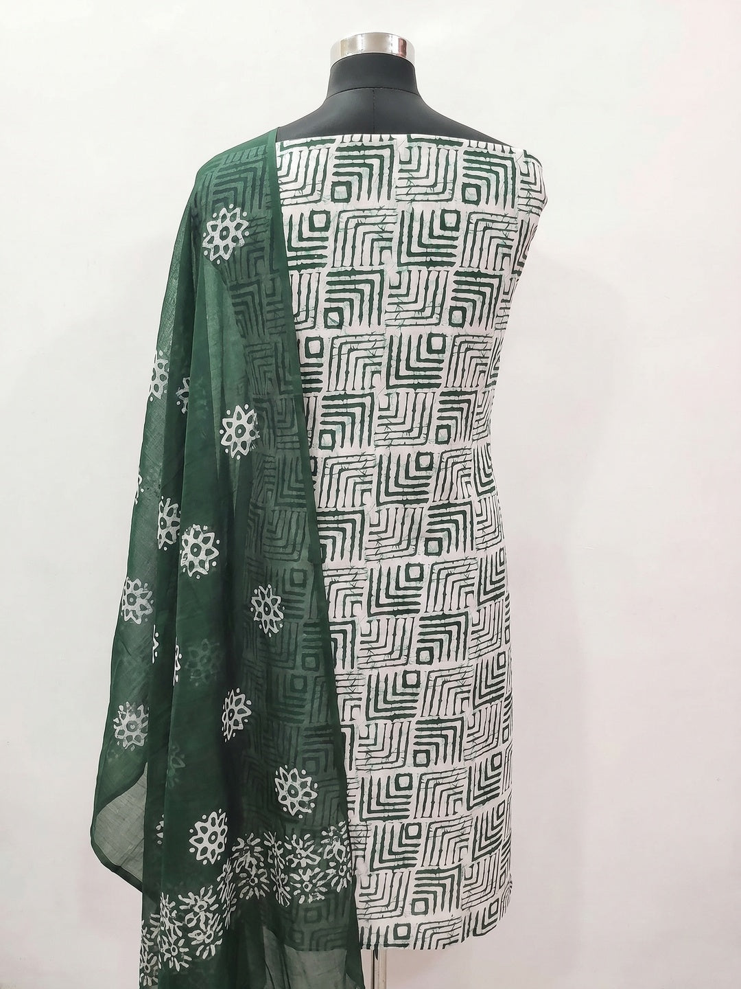 Green Geometric Printed Pure Cotton Dress Material - Image 2