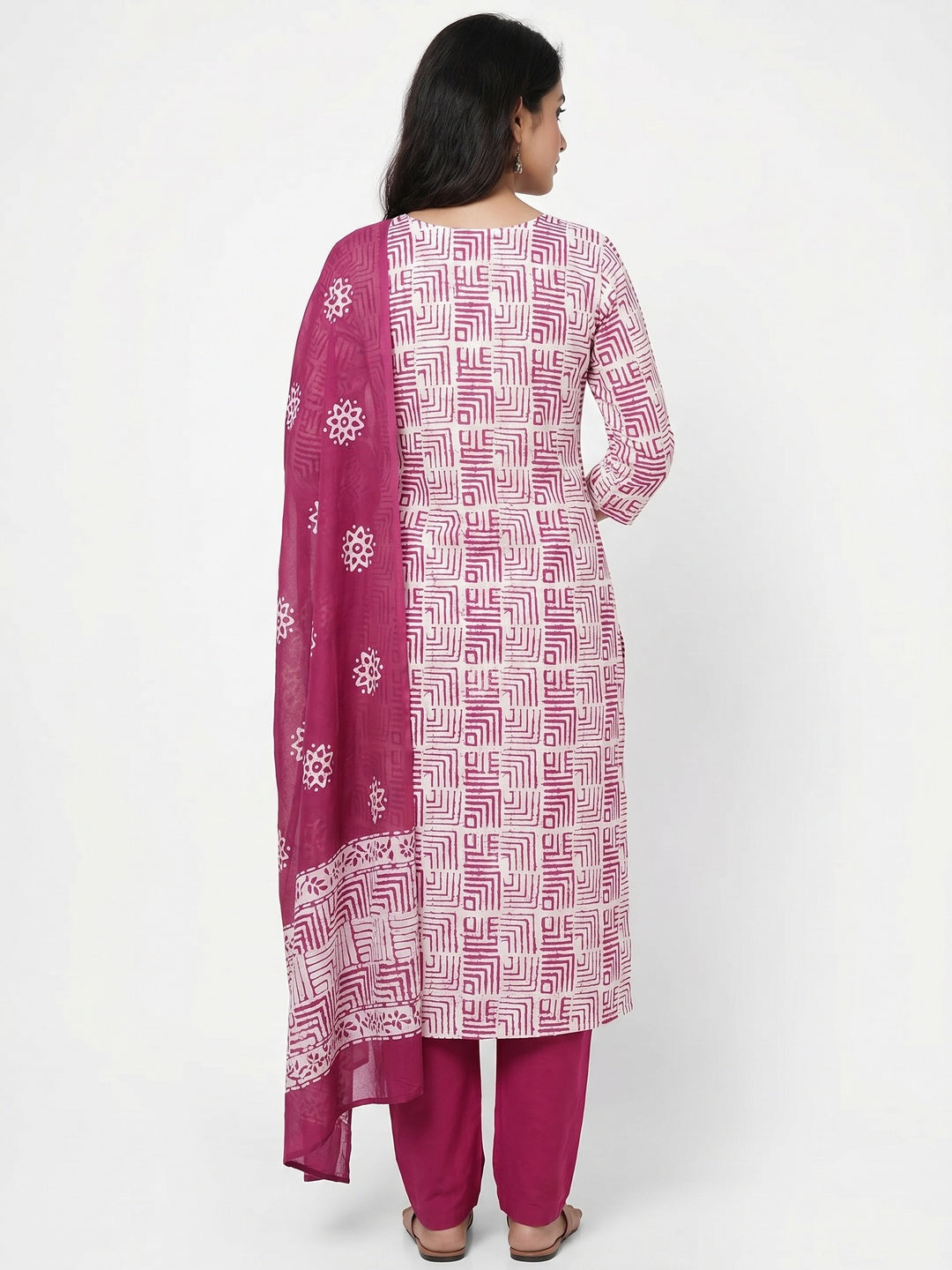 Pink Geometric Printed Pure Cotton Dress Material - Image 3