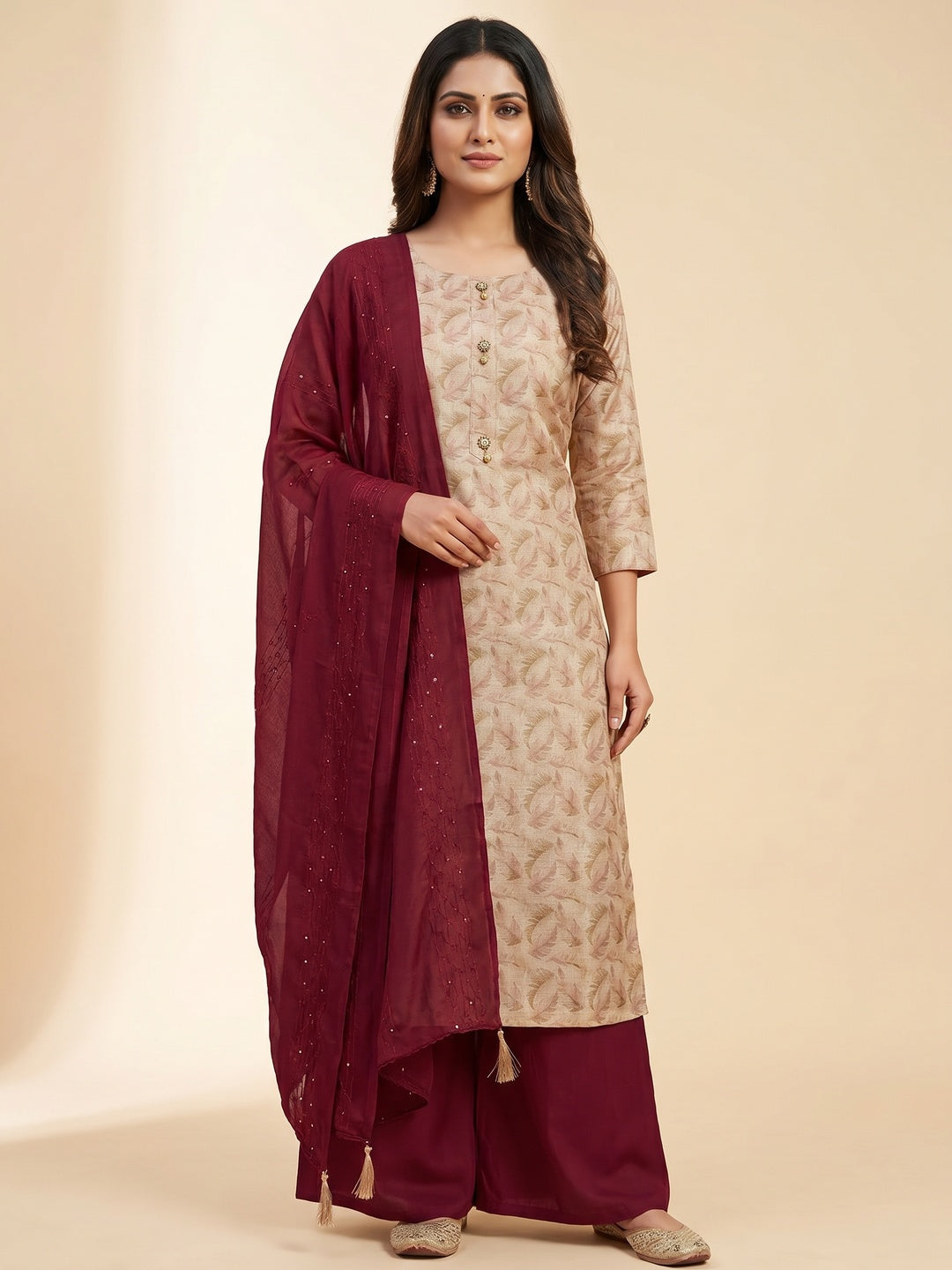 Beige Floral Printed Cotton Silk Dress Material - Image 1