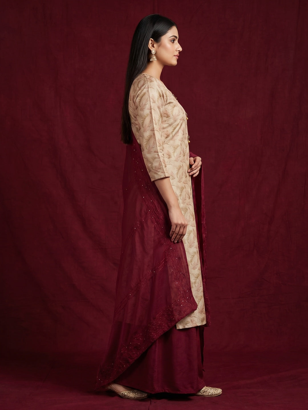 Beige Floral Printed Cotton Silk Dress Material - Image 2