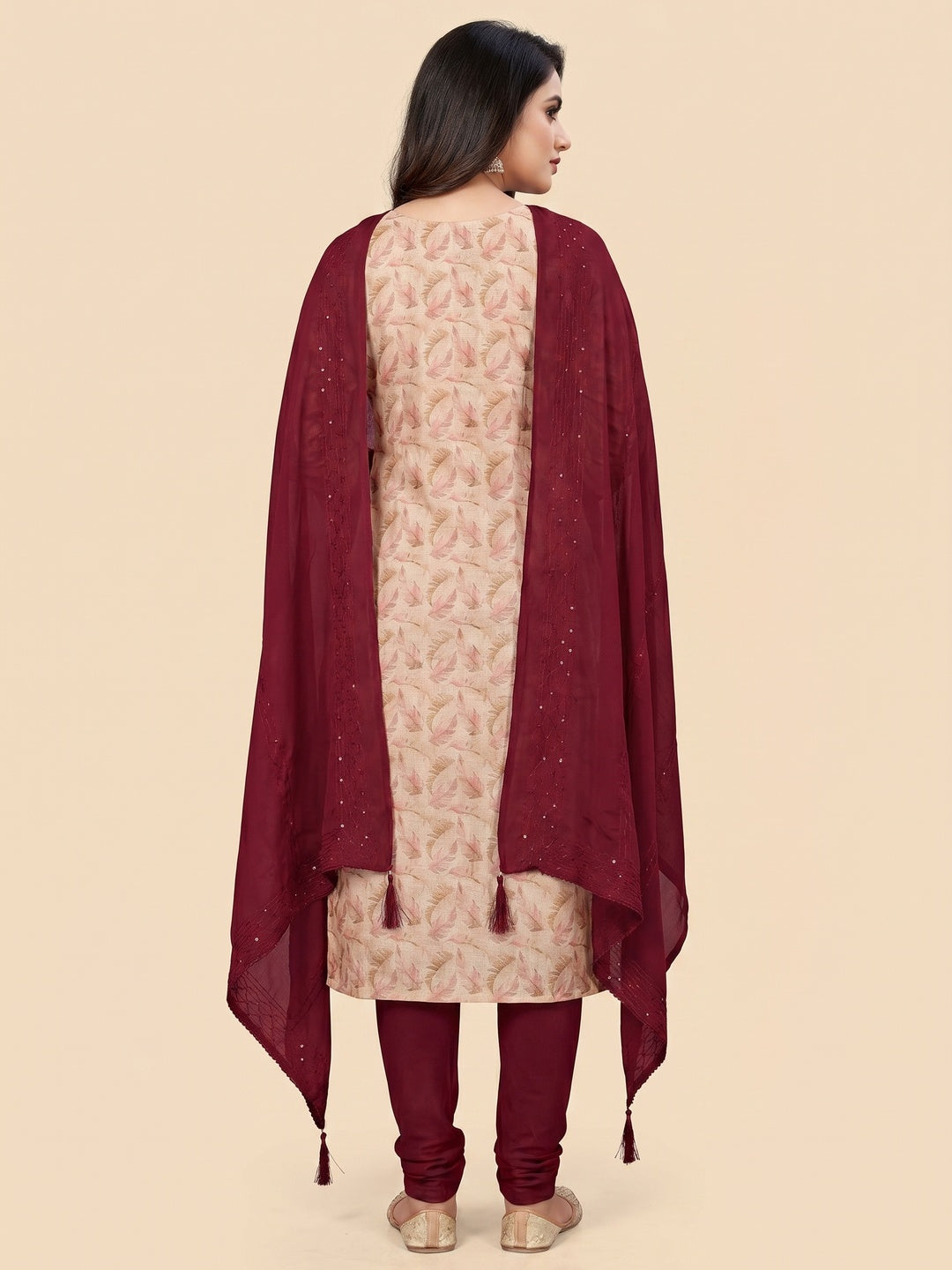 Beige Floral Printed Cotton Silk Dress Material - Image 3