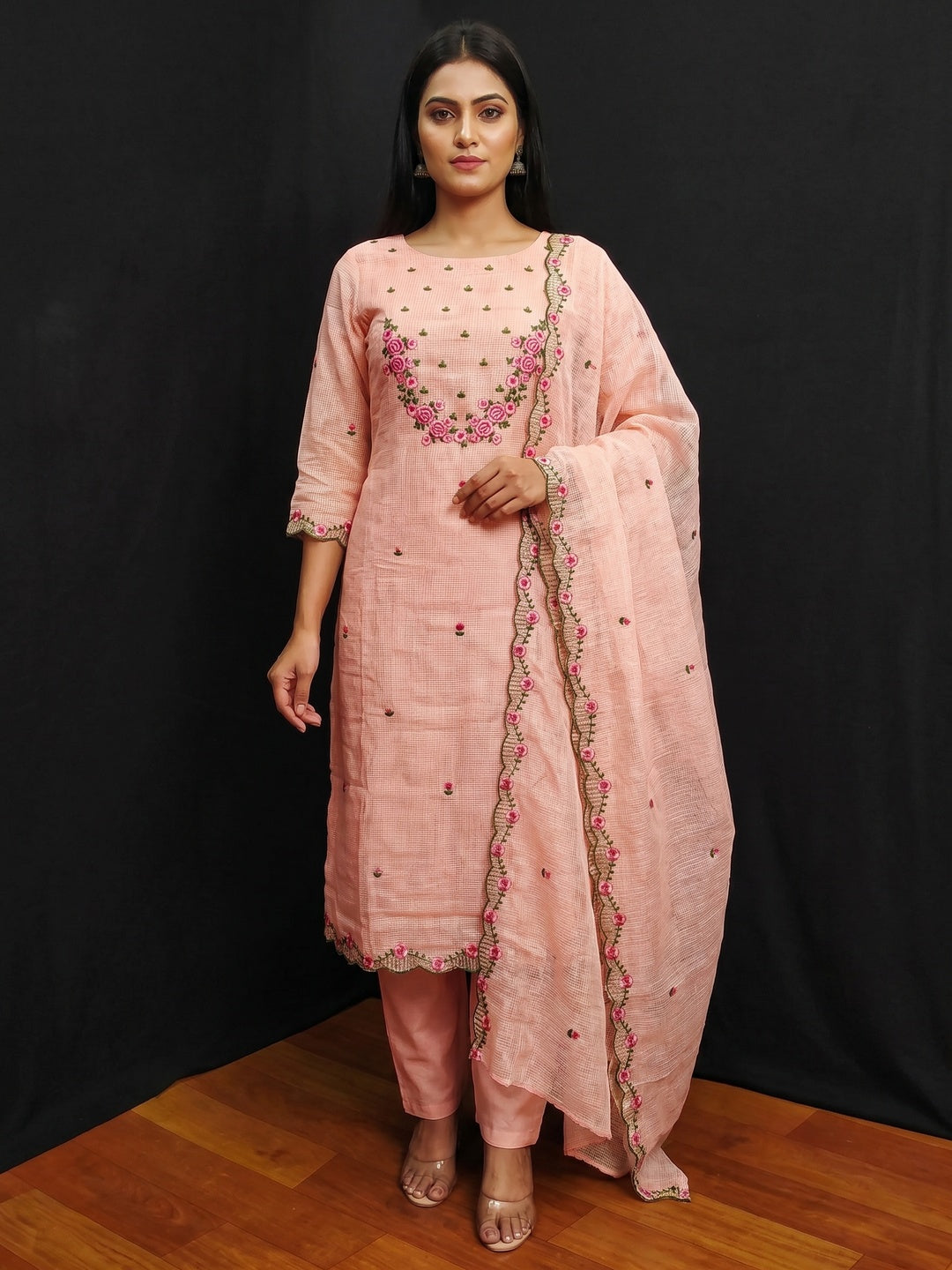 Peach Floral Embroidered Kota Doria Dress Material - Image 1