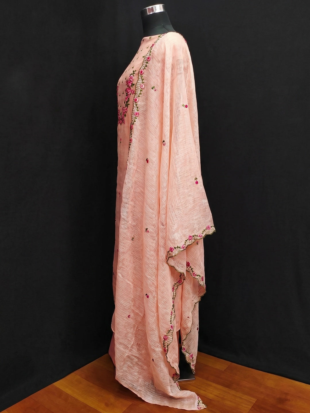 Peach Floral Embroidered Kota Doria Dress Material - Image 3