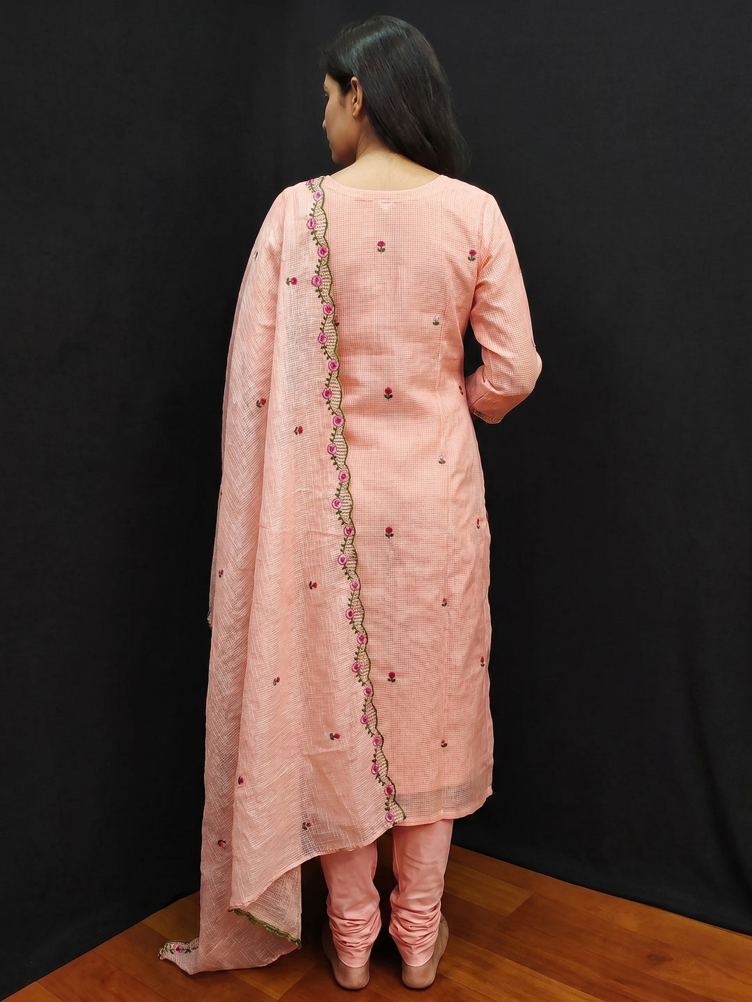 Peach Floral Embroidered Kota Doria Dress Material - Image 2