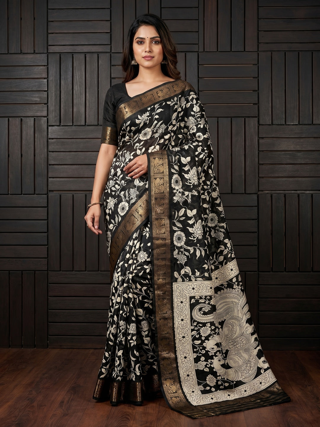 Black & Off White Floral Printed Dola Silk Saree With Zari Border - Image 1