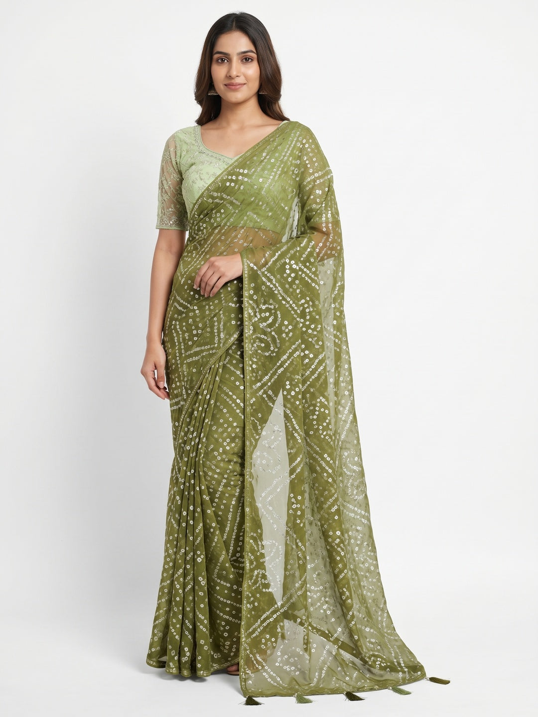 Mehendi Green Foil Printed Chiffon Saree - Image 1