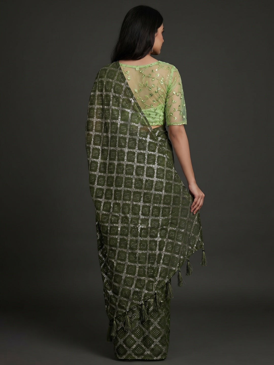 Mehendi Green Foil Printed Chiffon Saree - Image 2