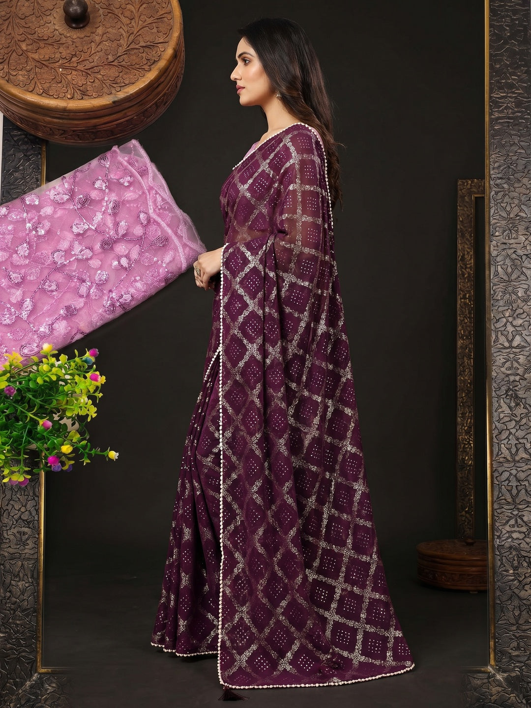 Wine Foil Printed Chiffon Saree - Image 2