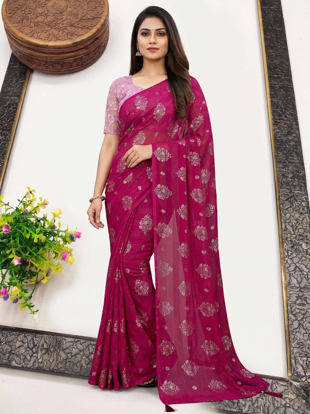 Pink Foil Printed Chiffon Saree - Image 1