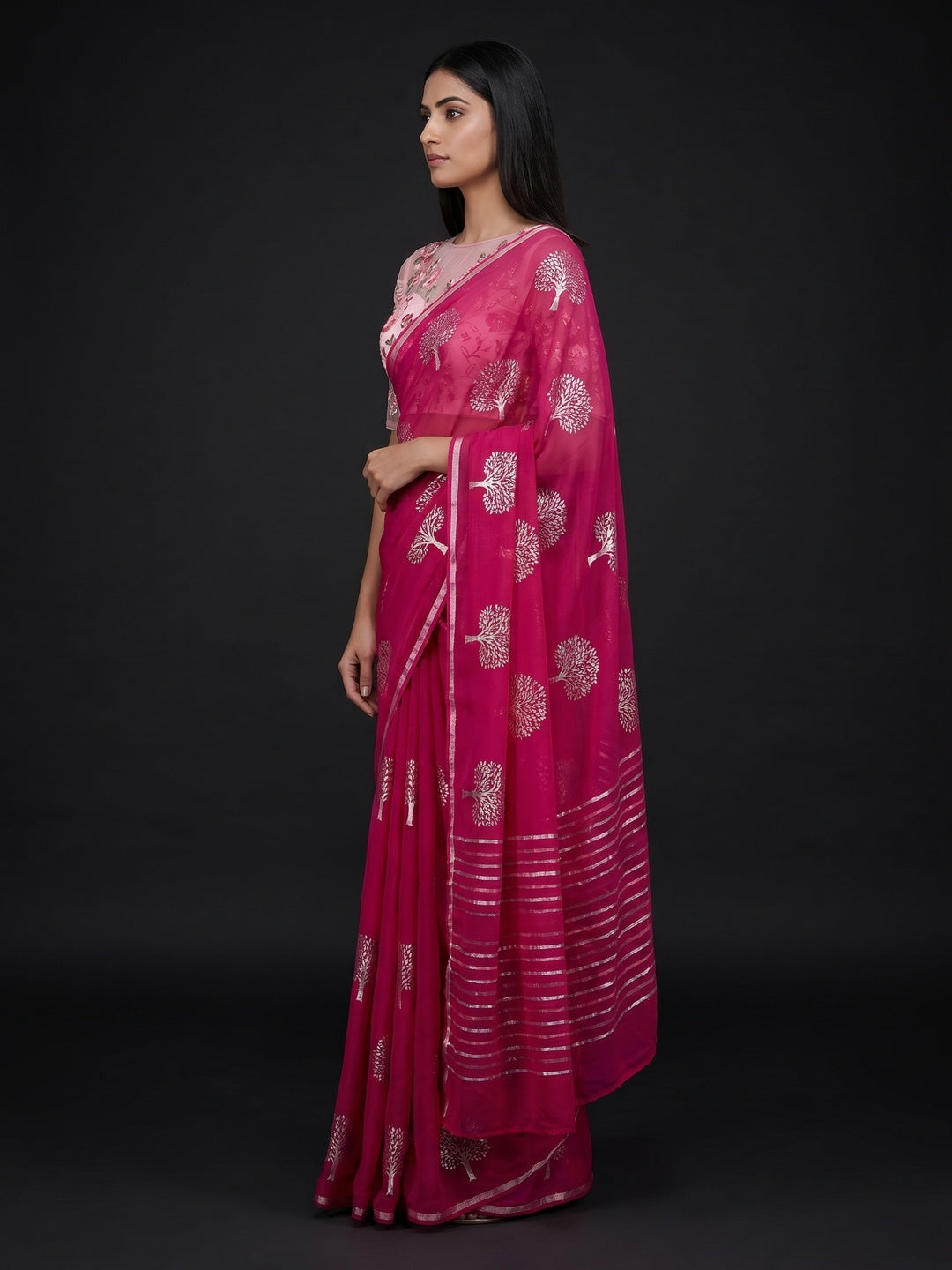 Pink Foil Printed Chiffon Saree - Image 3