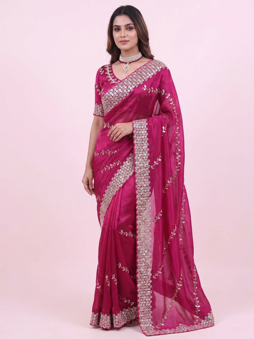 Pink Sequins Embroidered Satin Saree - Image 1