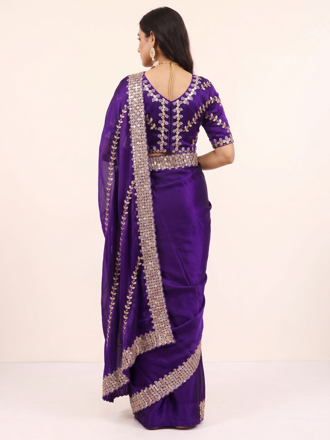 Purple Sequins Embroidered Satin Saree - Image 3