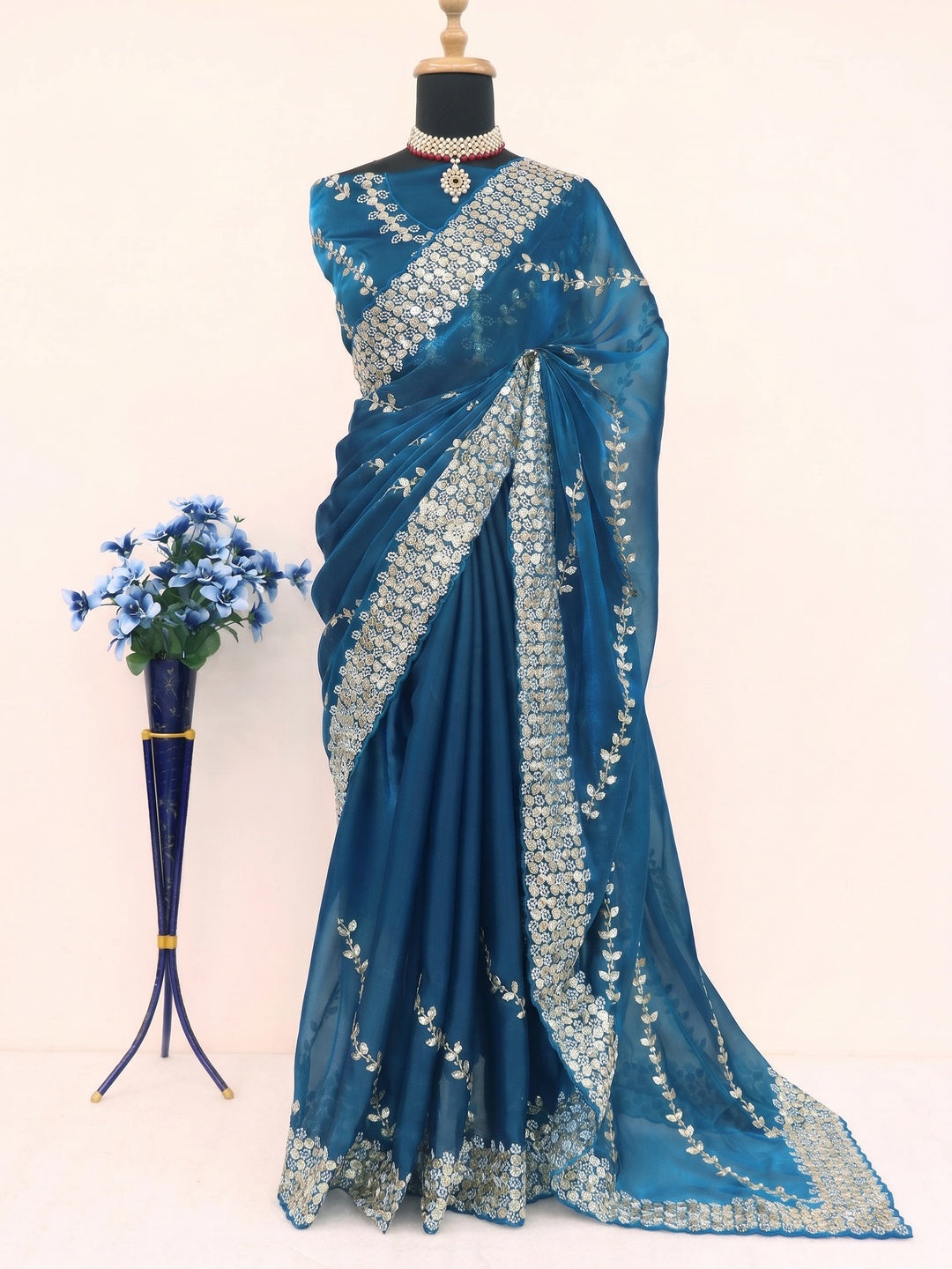 Blue Sequins Embroidered Satin Saree - Image 1