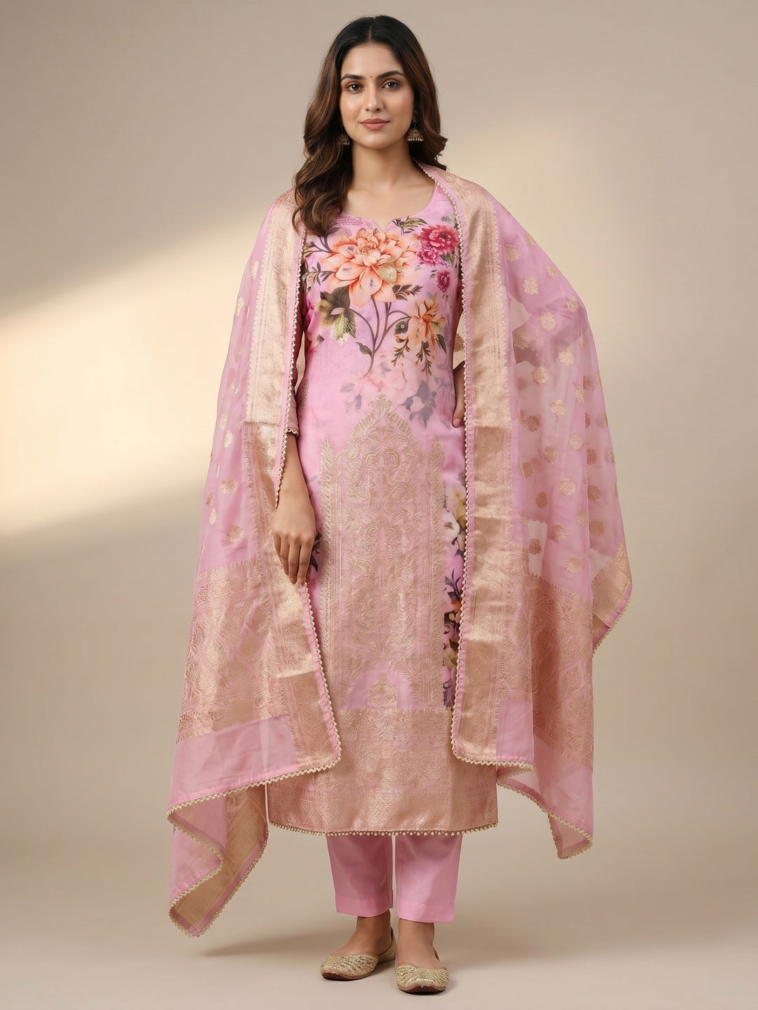 Pink Woven With Digital Printed Organza Dress Material - Image 1