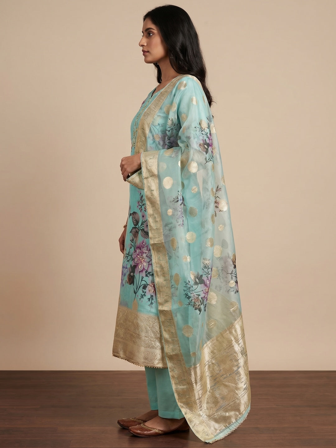 Turquoise Woven With Digital Printed Organza Dress Material - Image 2