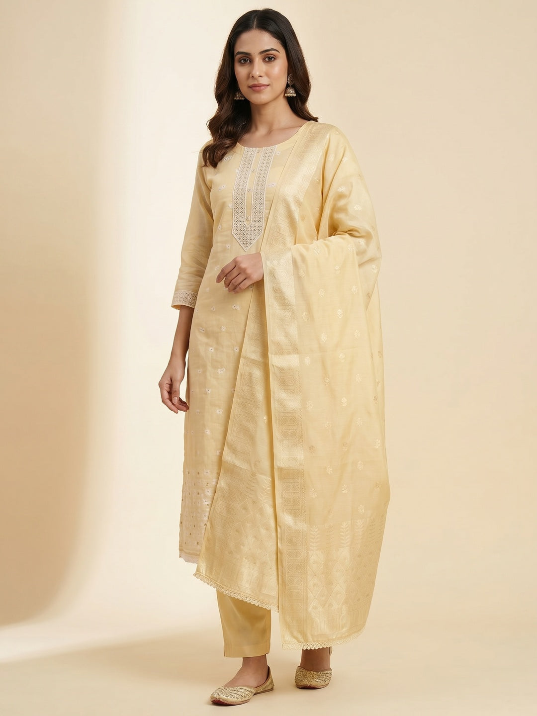 Light Yellow Floral Woven With Hand Embroidered Muslin Dress Material - Image 1