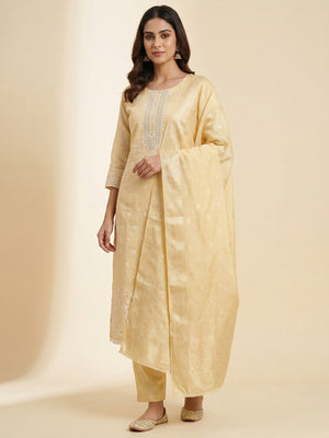 Light Yellow Floral Woven With Hand Embroidered Muslin Dress Material - Image 1