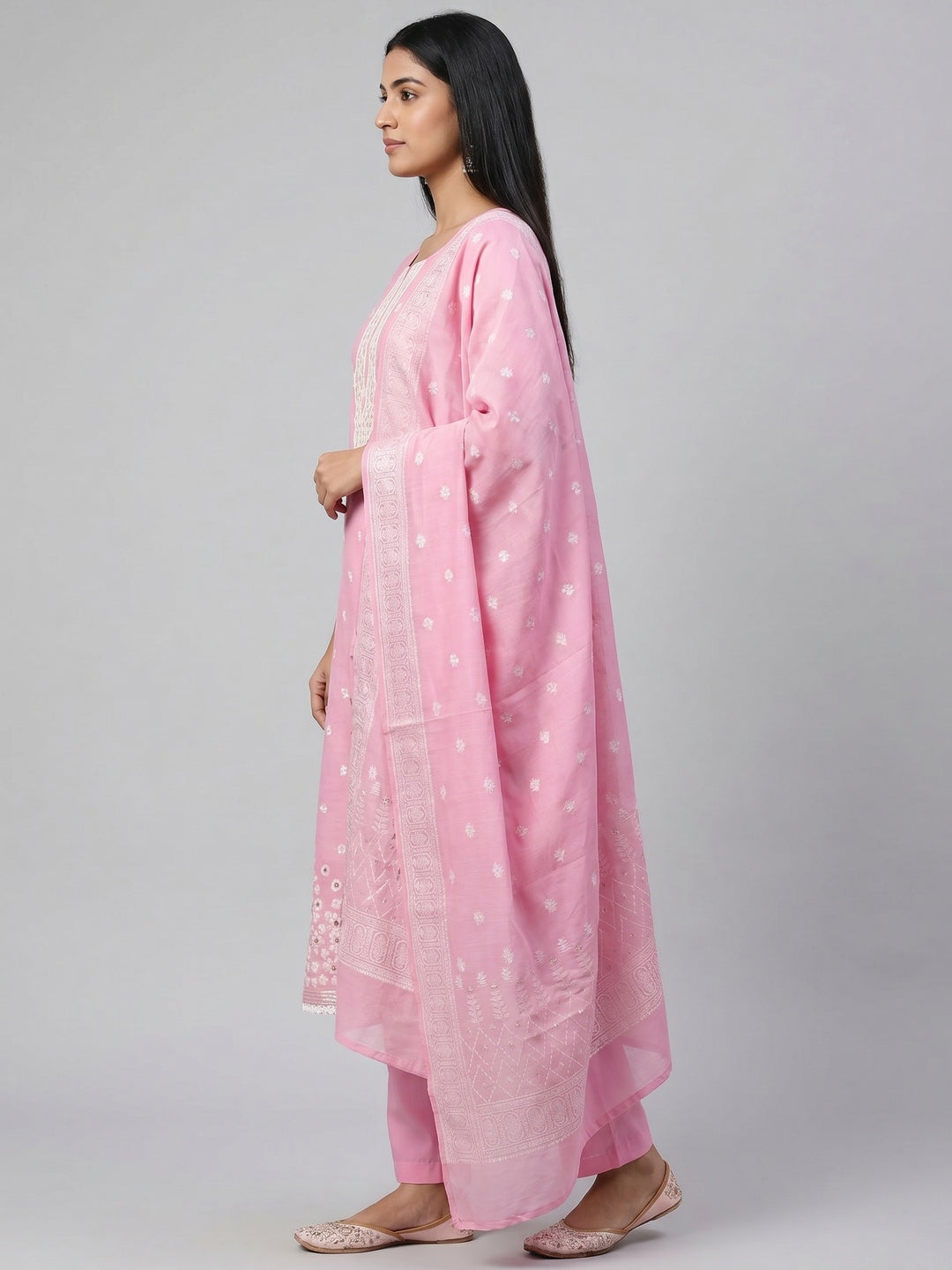 Pink Floral Woven With Hand Embroidered Muslin Dress Material - Image 3