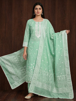 Sea Green Floral Woven With Hand Embroidered Muslin Dress Material - Image 1