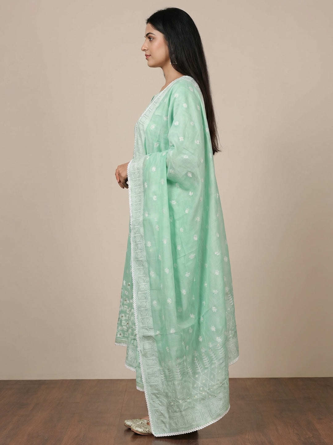 Sea Green Floral Woven With Hand Embroidered Muslin Dress Material - Image 2