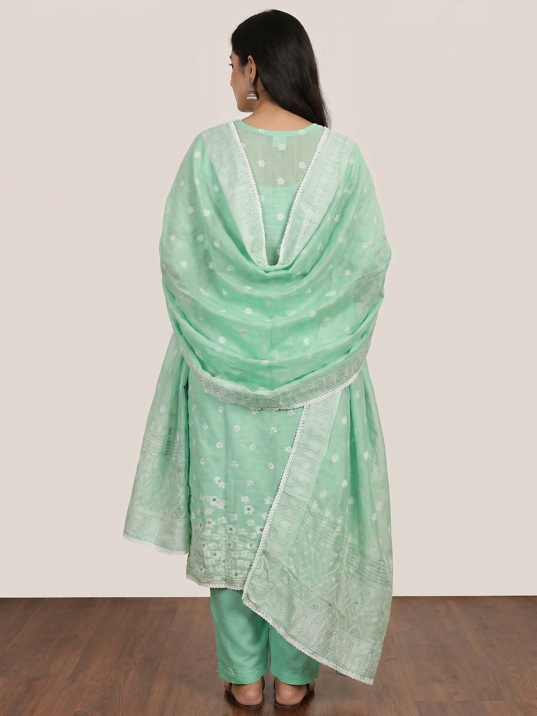 Sea Green Floral Woven With Hand Embroidered Muslin Dress Material - Image 3