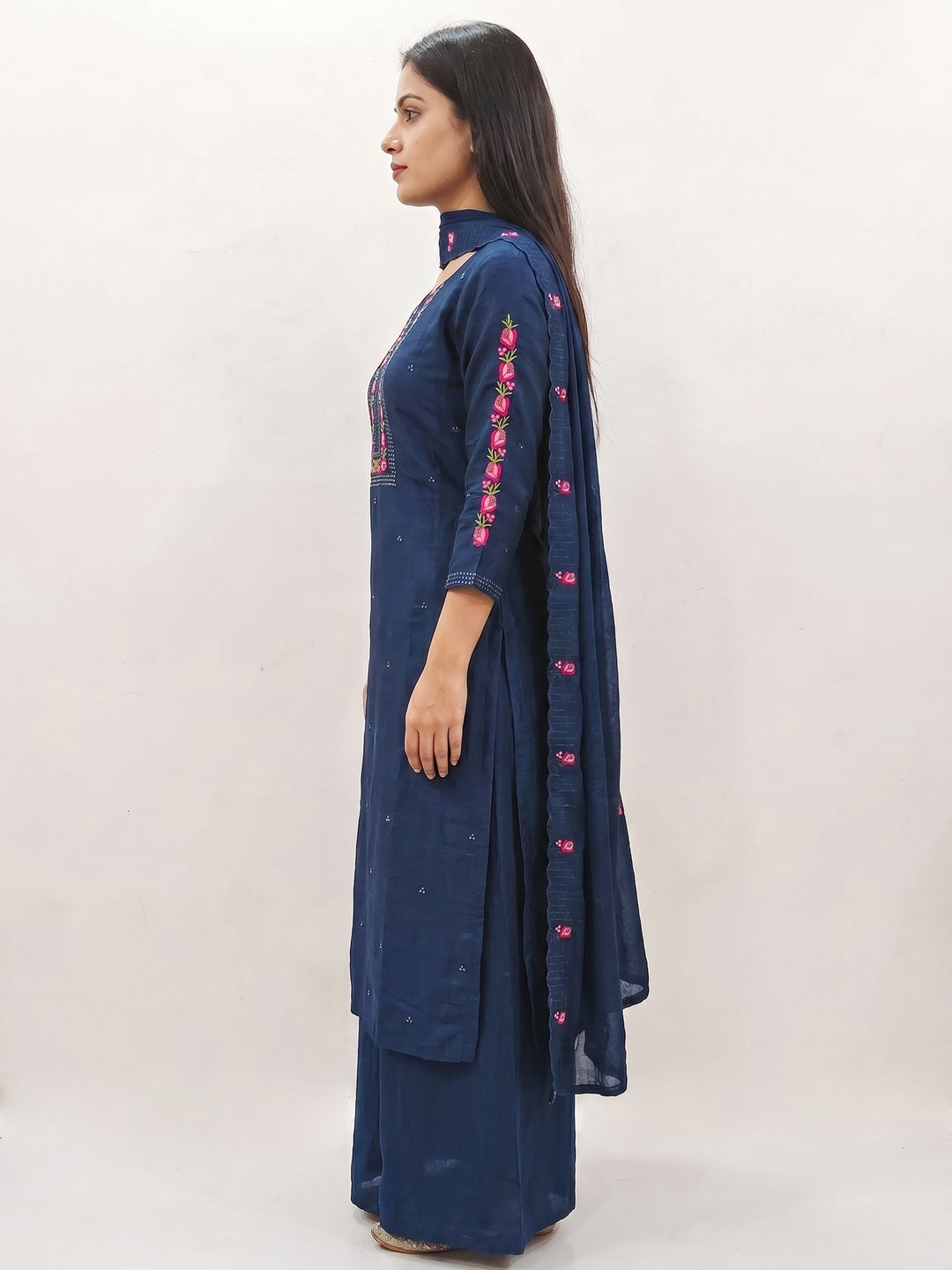 Blue Embroidered Vichitra Silk Dress Material - Image 2