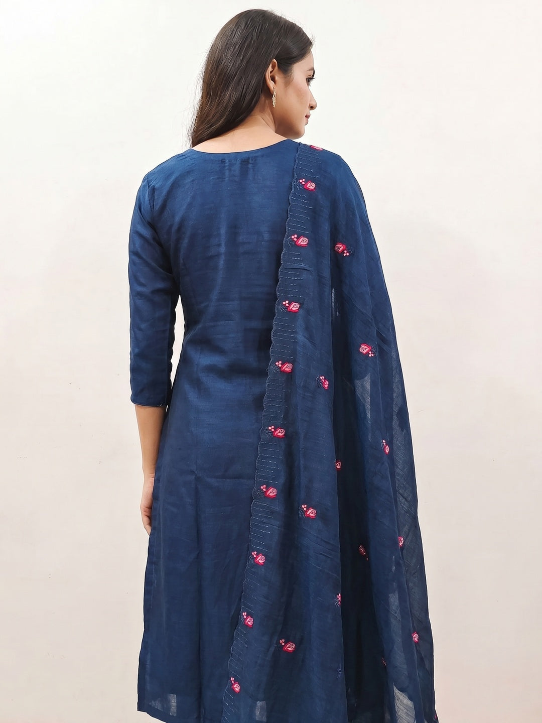 Blue Embroidered Vichitra Silk Dress Material - Image 3