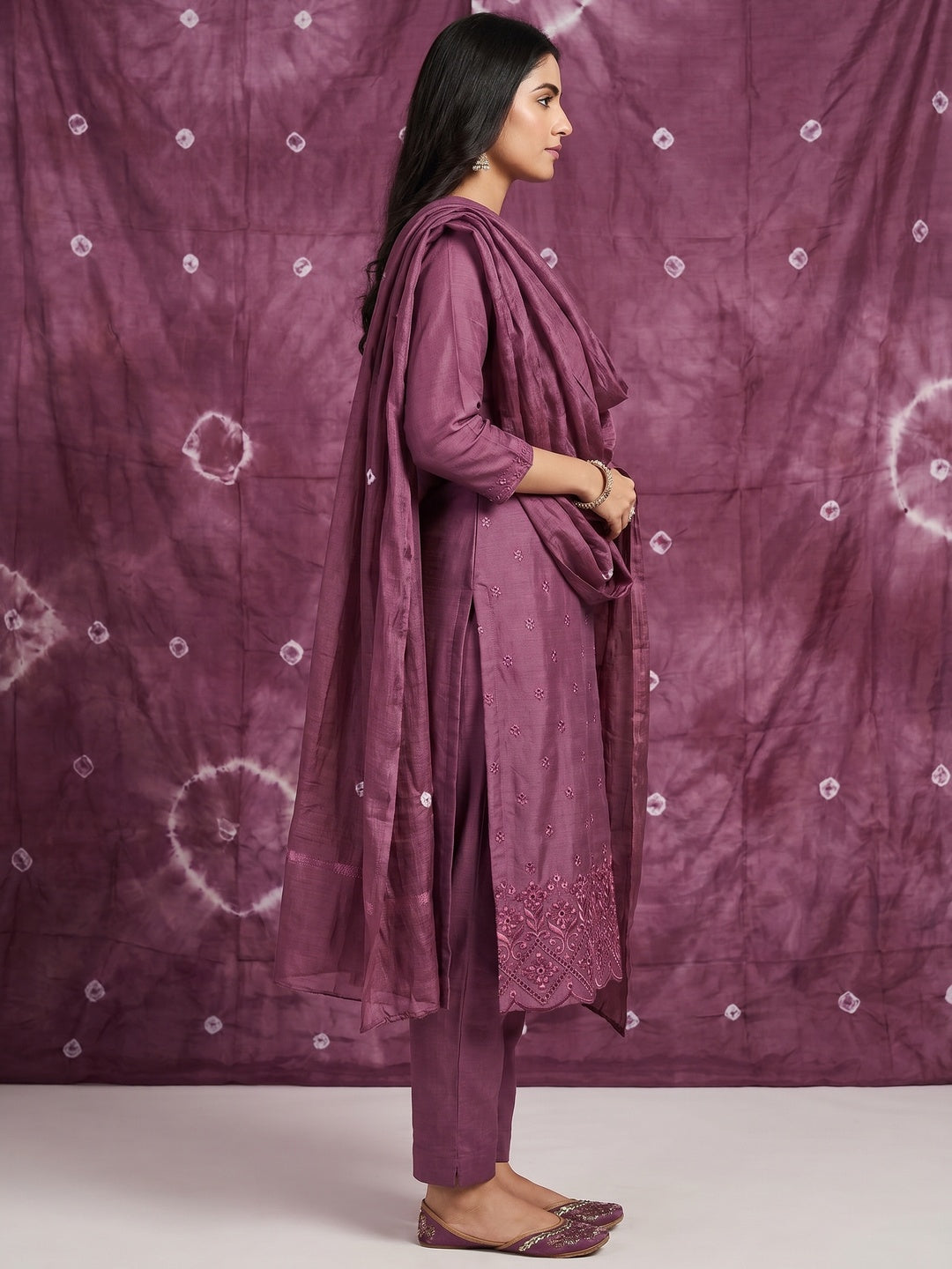 Purple Embroidered Cotton Blend Dress Material - Image 3