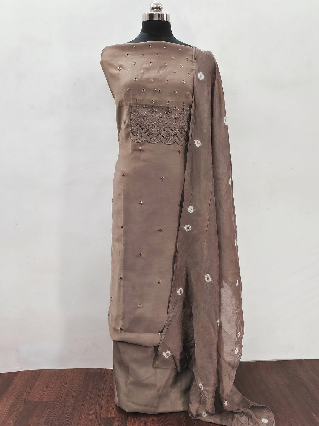 Brown Embroidered Cotton Blend Dress Material - Image 1