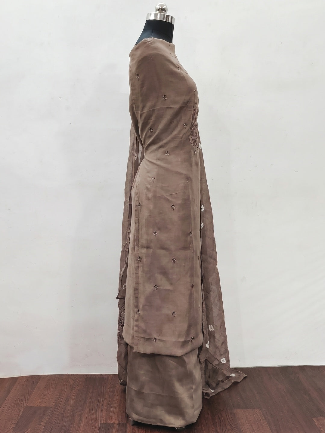 Brown Embroidered Cotton Blend Dress Material - Image 2