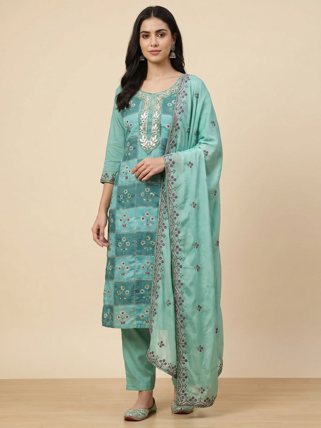 Turquoise Floral Hand Embroidered Muslin Dress Material - Image 1