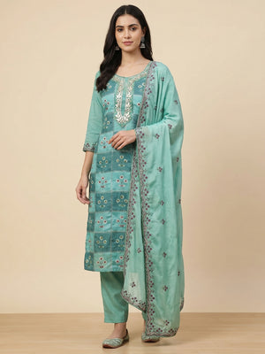 Turquoise Floral Hand Embroidered Muslin Dress Material - Image 1