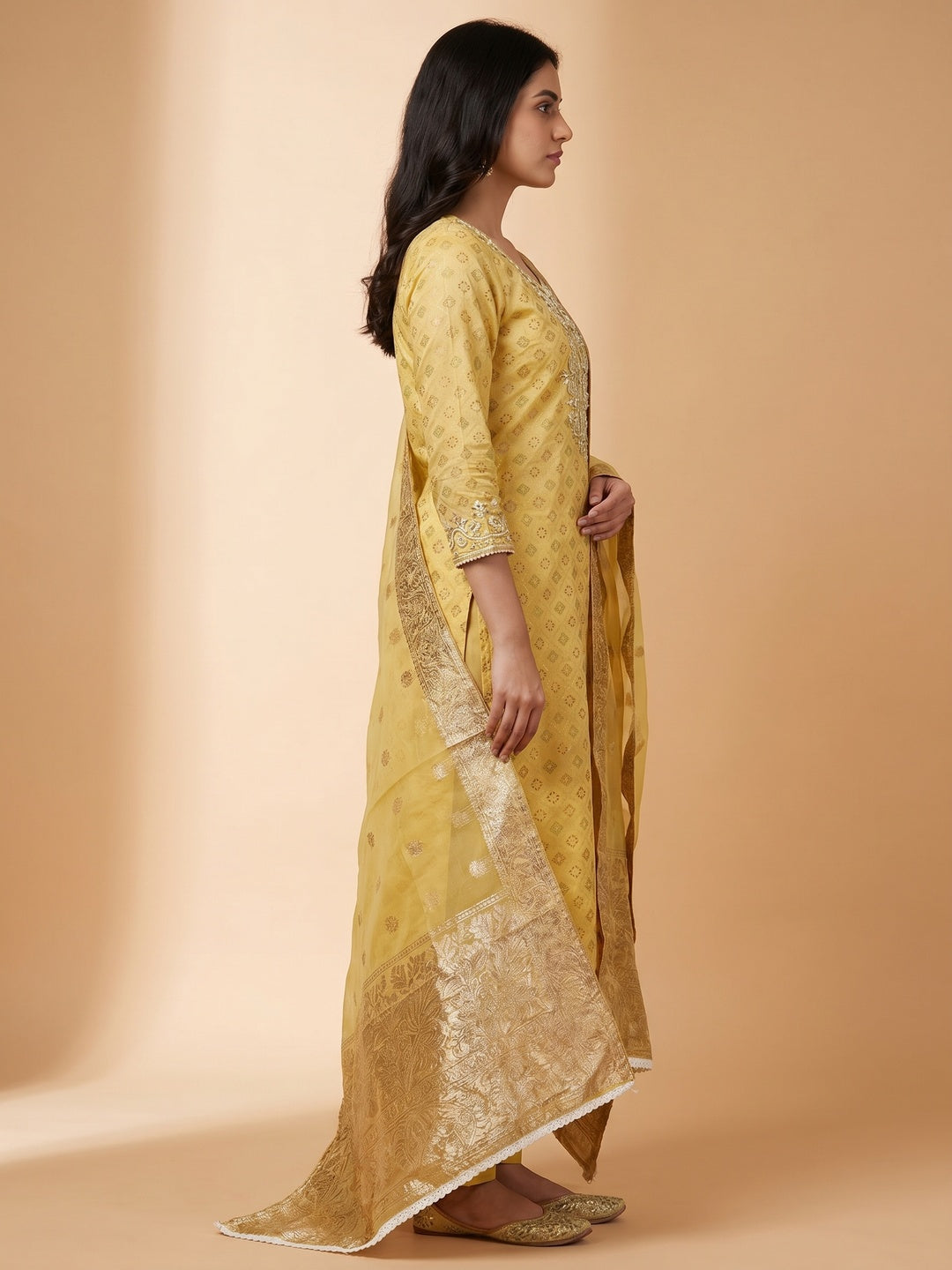 Yellow Printed With Hand Embroidered Muslin Dress Material - Image 3