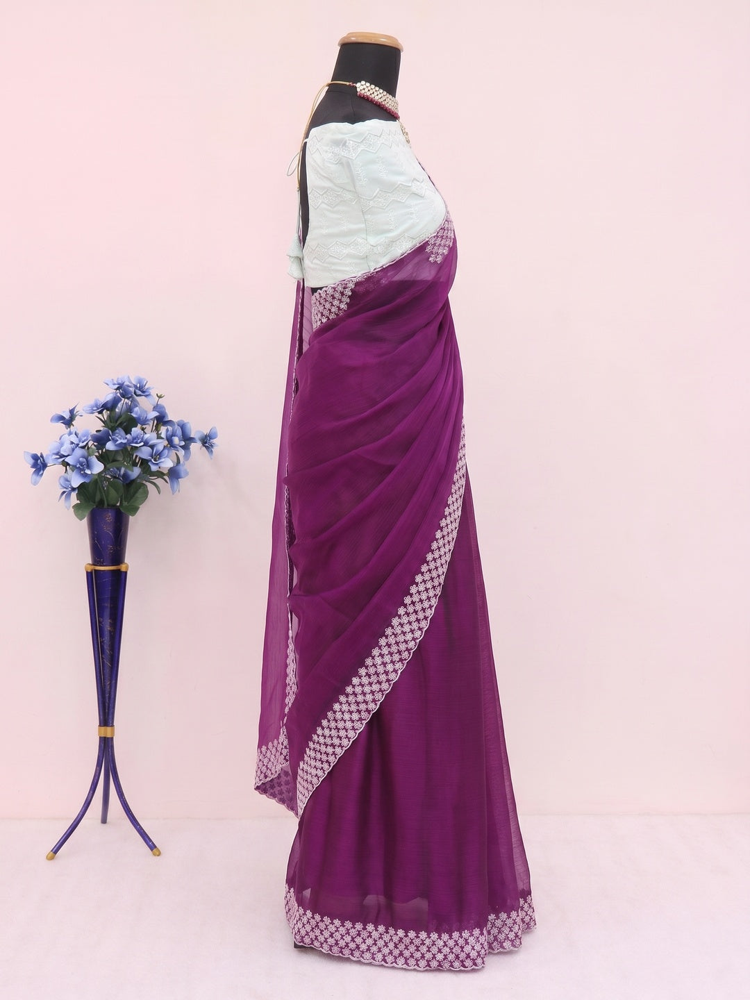 Purple Sequins Embroidered Chiffon Saree - Image 3