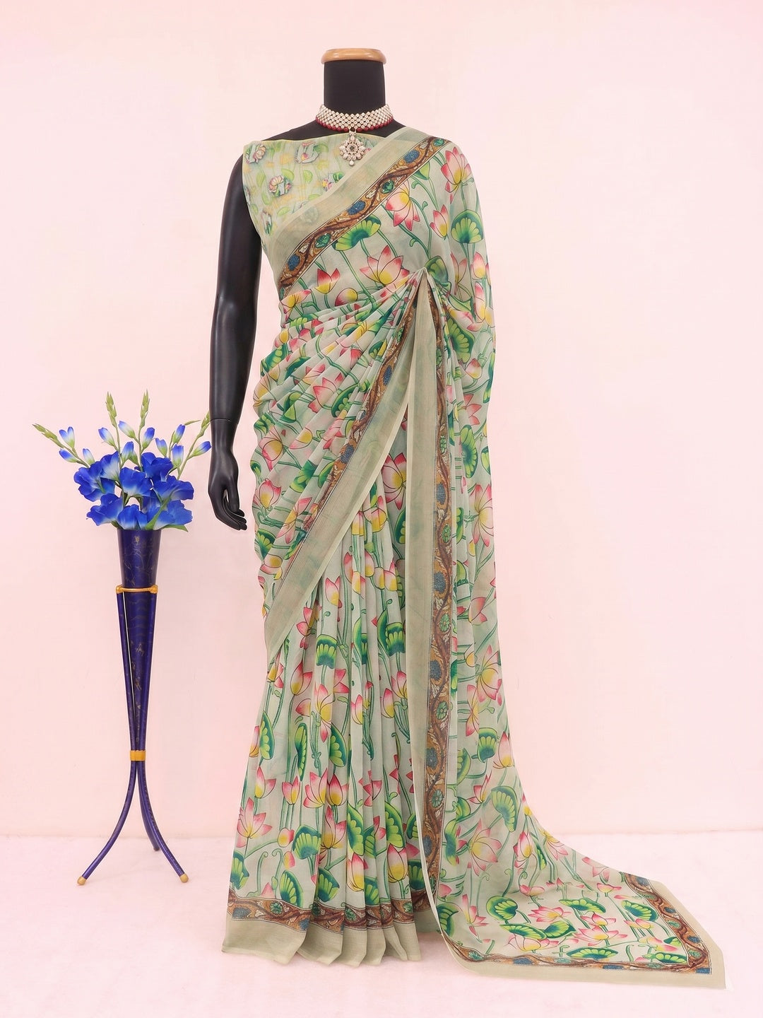 Beige Digital Printed Georgette Saree - Image 1