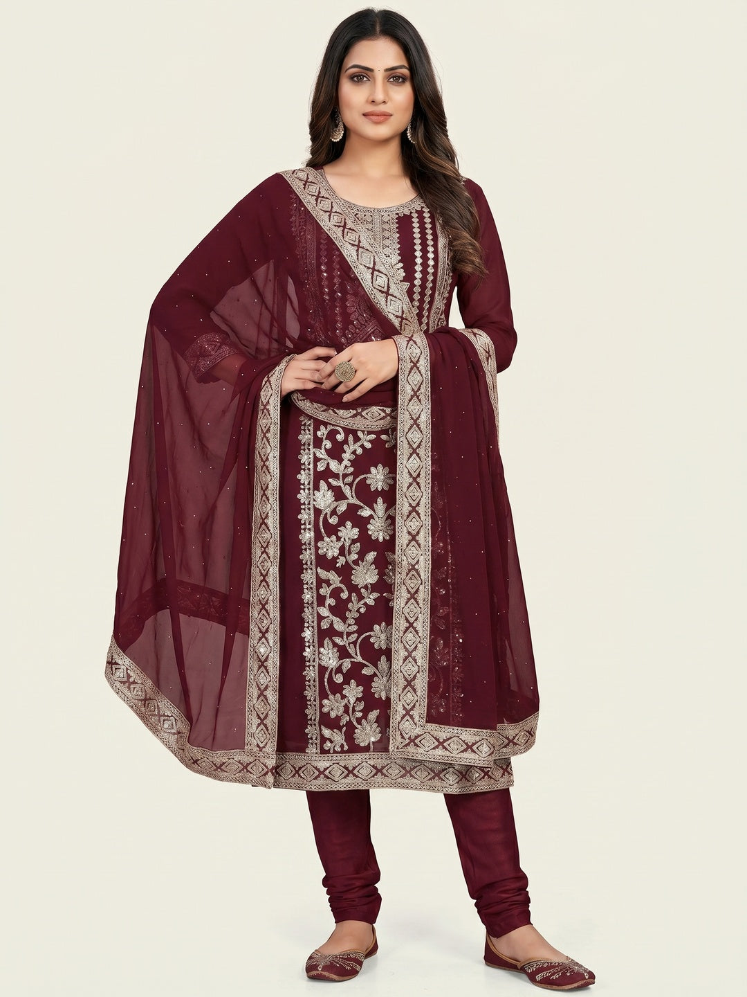 Maroon Floral Sequins Embroidered Georgette Dress Material - Image 1