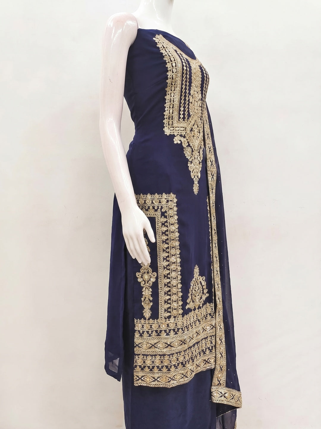 Navy Blue Floral Sequins Embroidered Georgette Dress Material - Image 2
