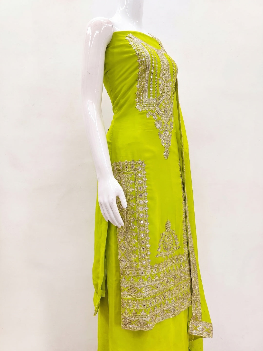 Green Floral Sequins Embroidered Georgette Dress Material - Image 3
