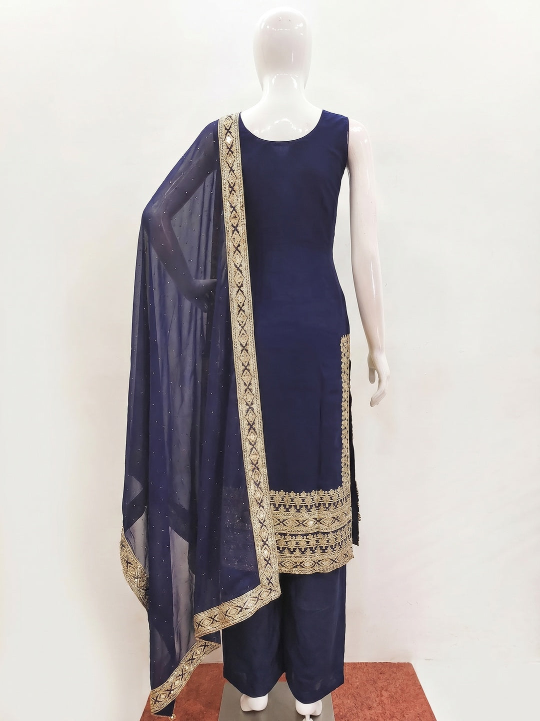 Navy Blue Floral Sequins Embroidered Georgette Dress Material - Image 3