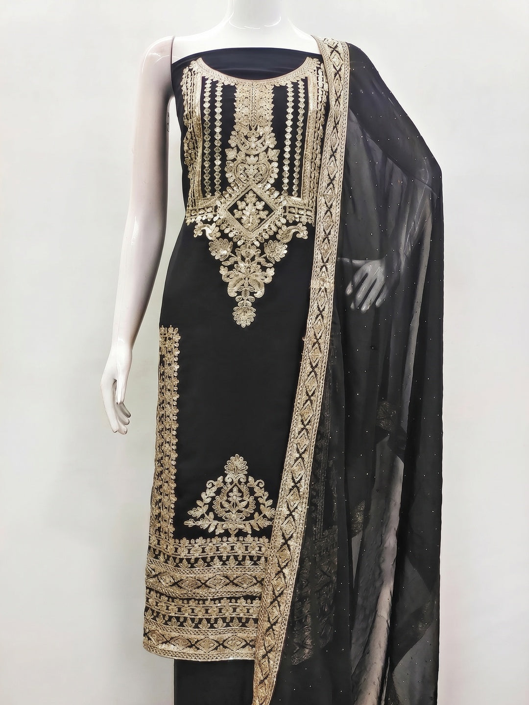 Black Floral Sequins Embroidered Georgette Dress Material - Image 1