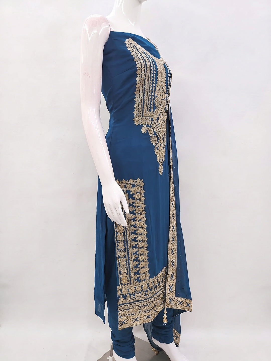 Blue Floral Sequins Embroidered Georgette Dress Material - Image 2