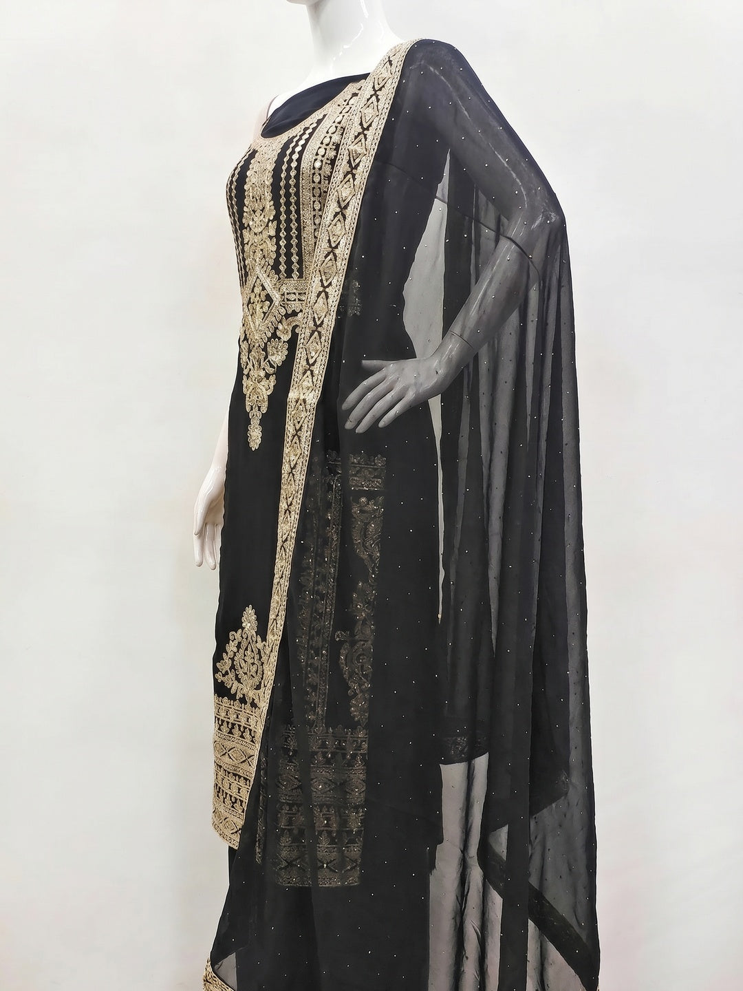 Black Floral Sequins Embroidered Georgette Dress Material - Image 3