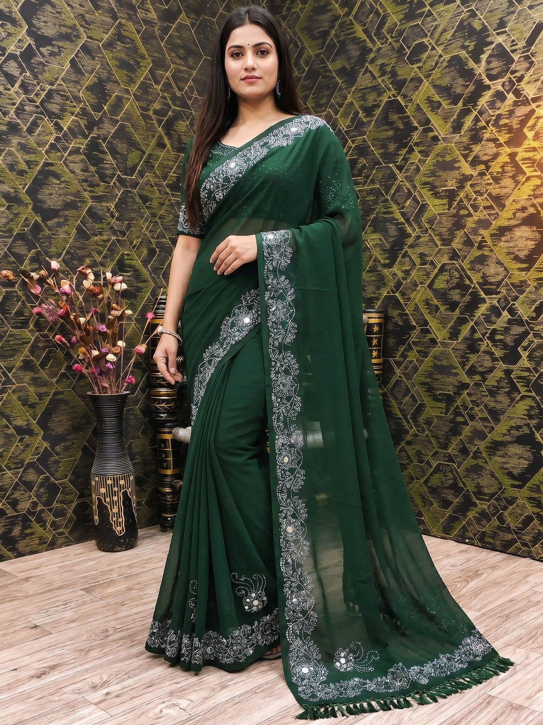 Green Swarovski With Mirror Work Georgette Saree - Image 1
