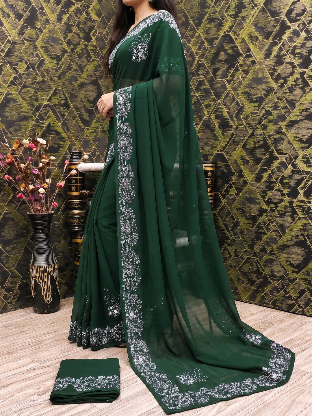 Green Swarovski With Mirror Work Georgette Saree - Image 2