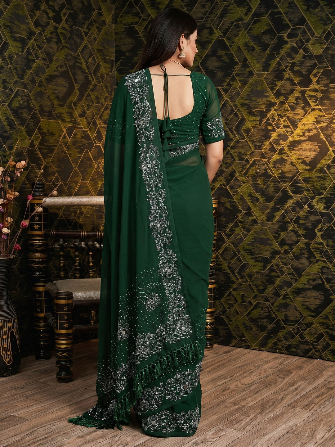 Green Swarovski With Mirror Work Georgette Saree - Image 3