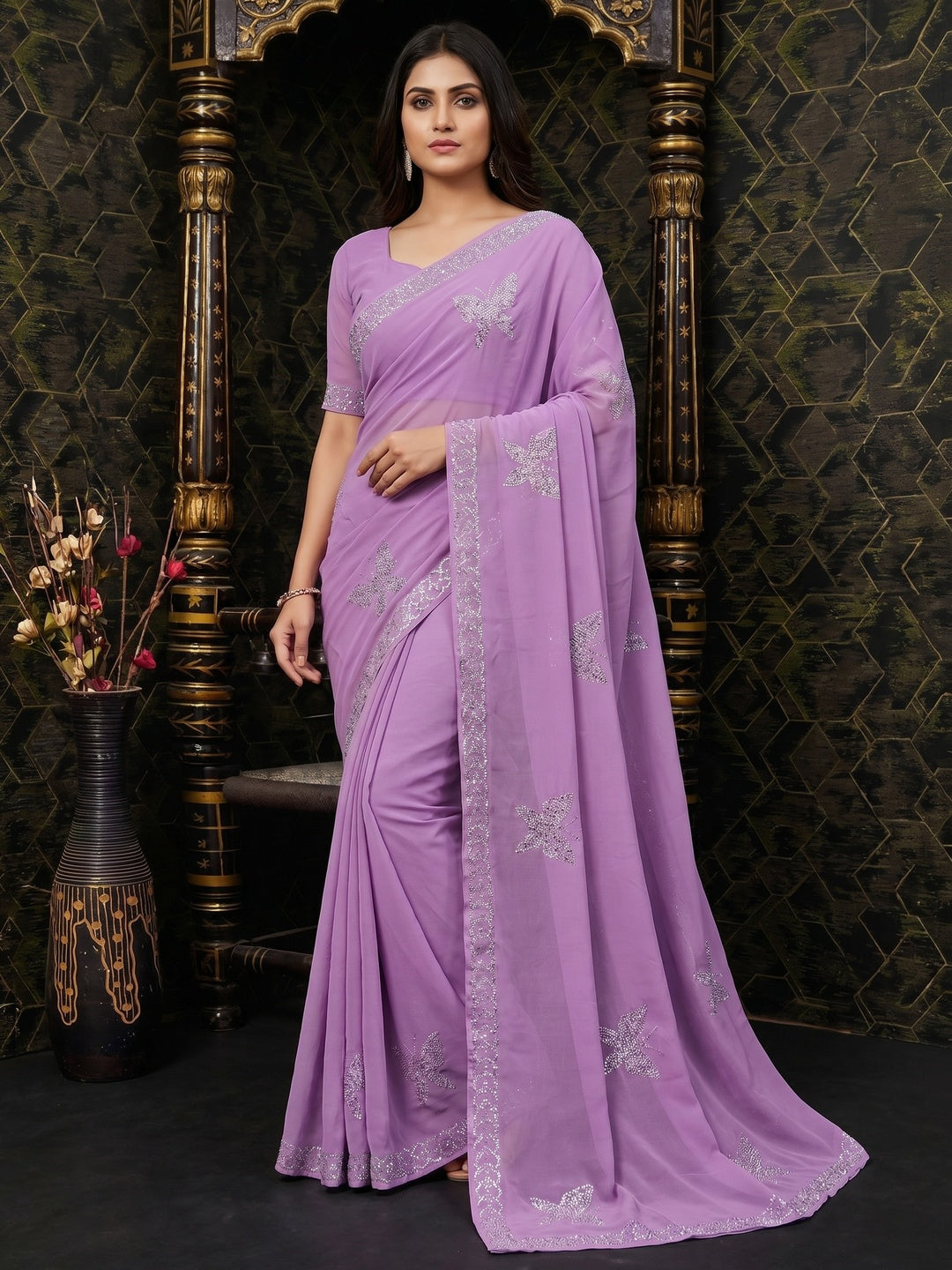 Lavender Floral Swarovski Work Georgette Saree - Image 1