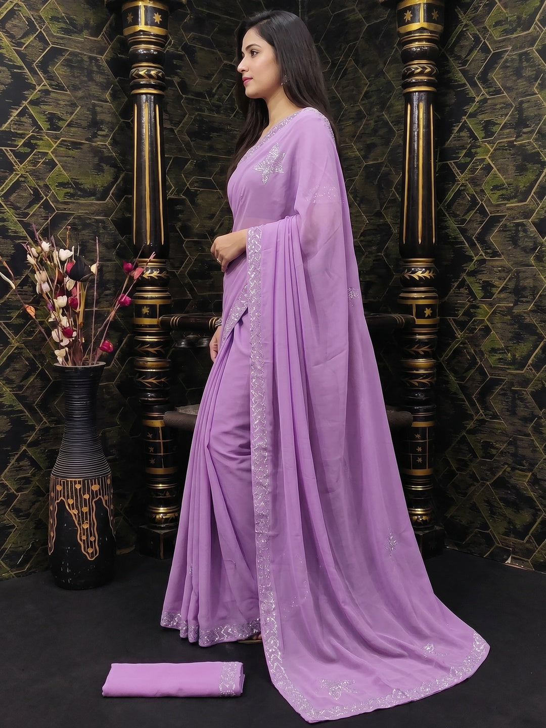 Lavender Floral Swarovski Work Georgette Saree - Image 2